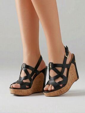 GUESS Black Leather Strappy Cork Wedge Sandals | Platform Heel Chic Size 9